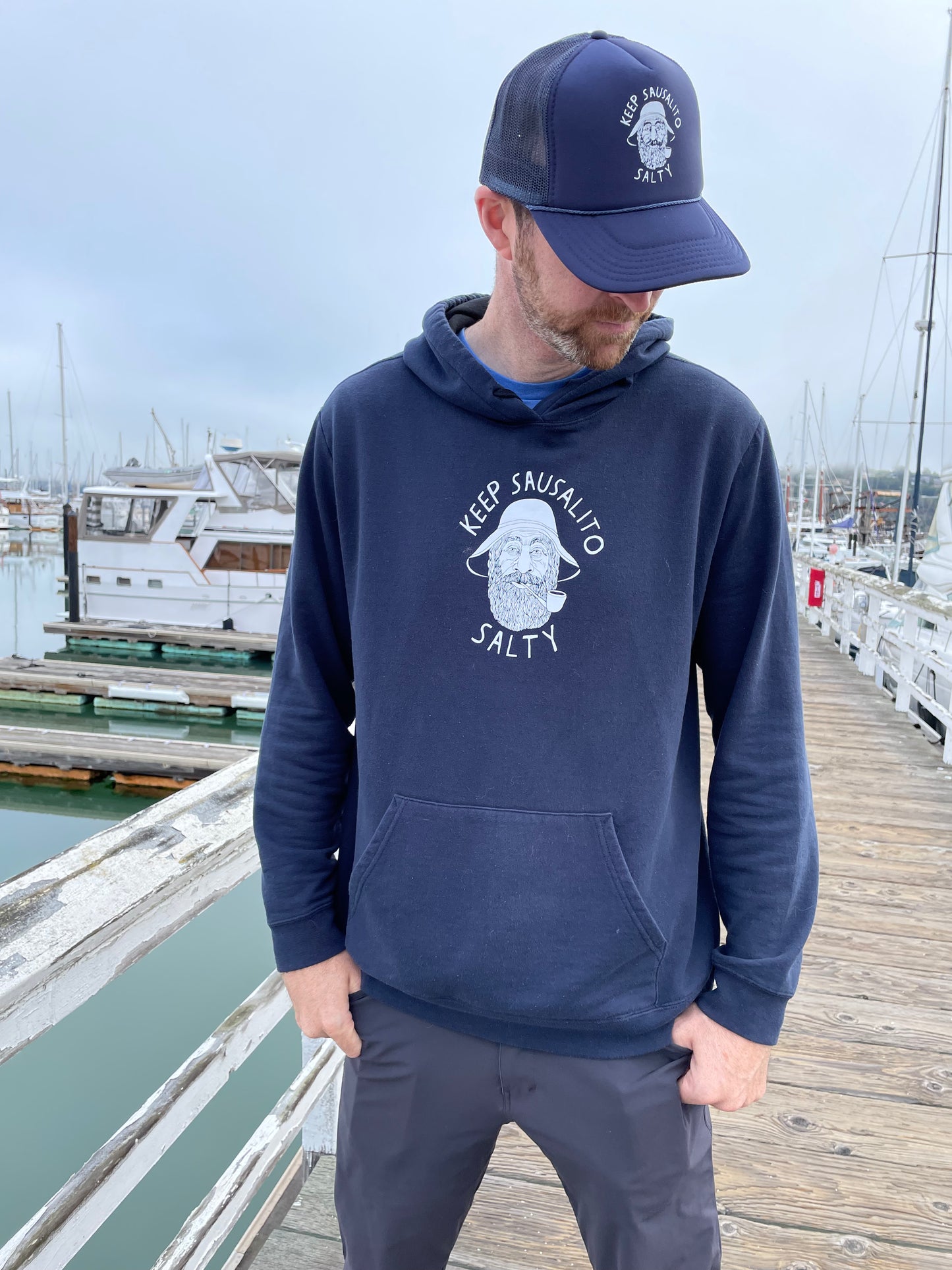 Keep Sausalito Salty: Unisex Fleece Lined Hoodie in Navy Blue