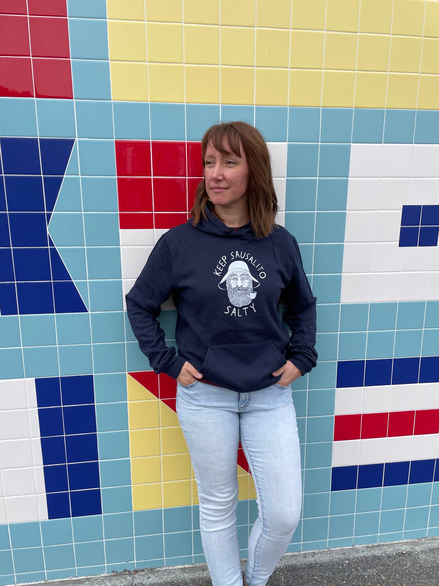 Keep Sausalito Salty: Unisex Fleece Lined Hoodie in Navy Blue