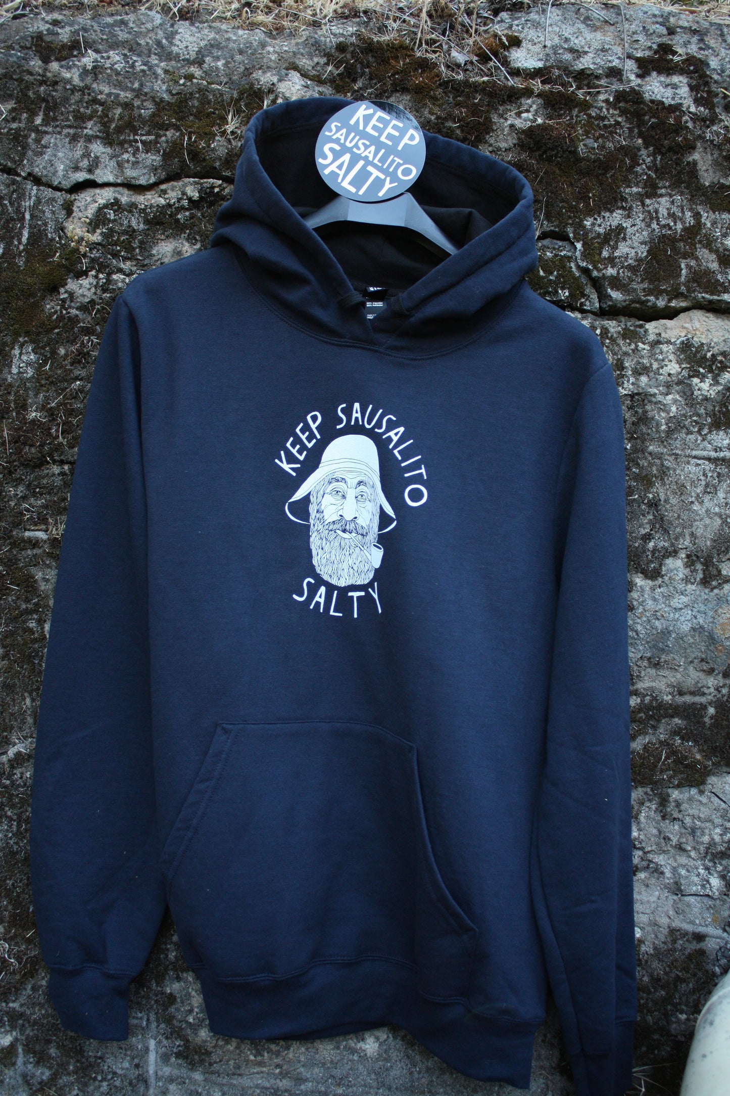 Keep Sausalito Salty: Unisex Fleece Lined Hoodie in Navy Blue