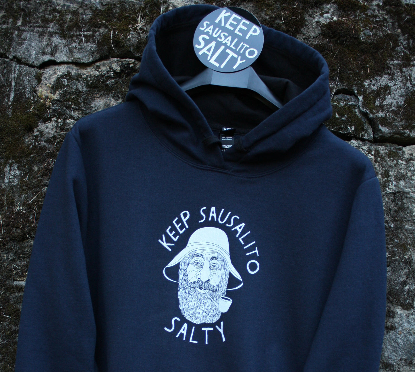 Keep Sausalito Salty: Unisex Fleece Lined Hoodie in Navy Blue
